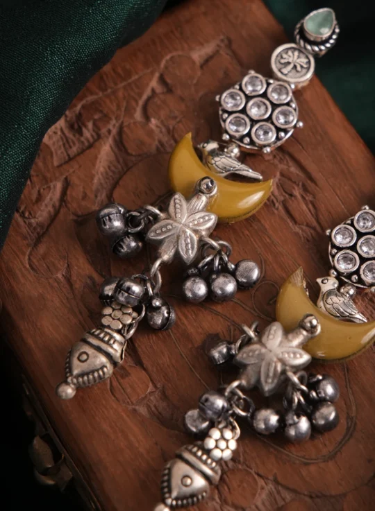 Golden Crescent Floral Charm Statement Earrings