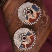 Red Stone Textile Circle Fusion Earrings