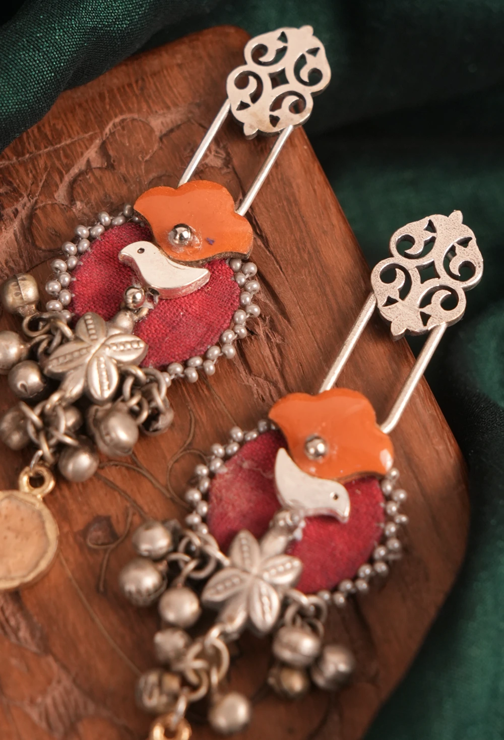 Red Textile Bird & Floral Statement Earrings