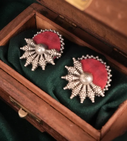 Red Textile Antique Metal Statement Earrings