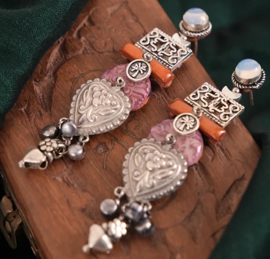Purple Orange Embossed Long Statement Earrings