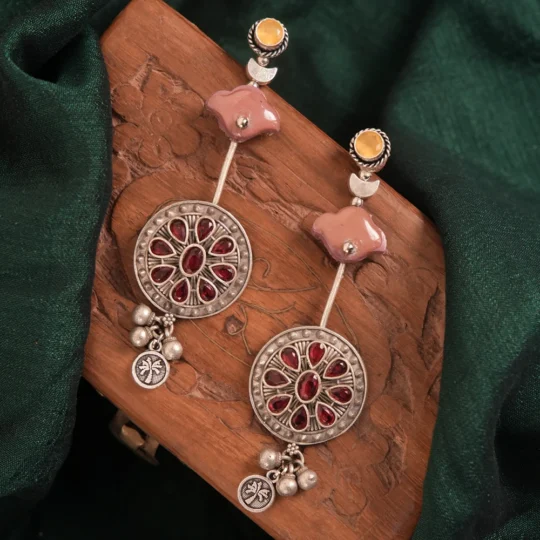 Red Floral Medallion Multicolour Statement Earrings