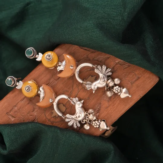 Orange Yellow Bird Motif Statement Earrings