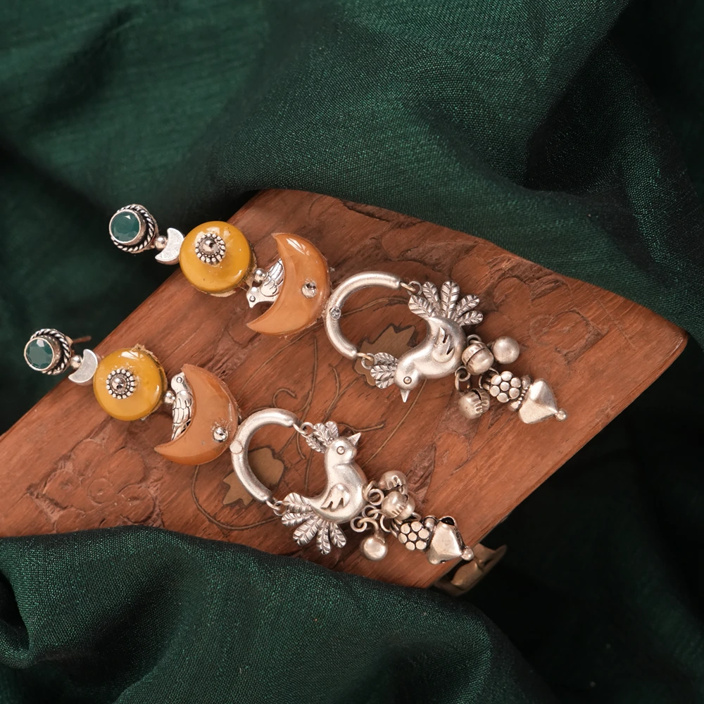 Orange Yellow Bird Motif Statement Earrings