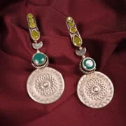 Teal Green Sunburst Medallion Statement Earrings