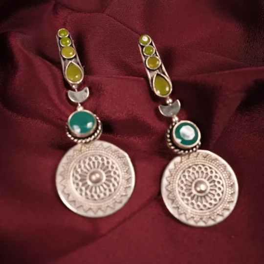 Teal Green Sunburst Medallion Statement Earrings