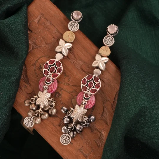 Red Pink Floral Ghungroo Statement Earrings