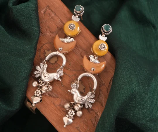 Peacock Amber Green Statement Earrings
