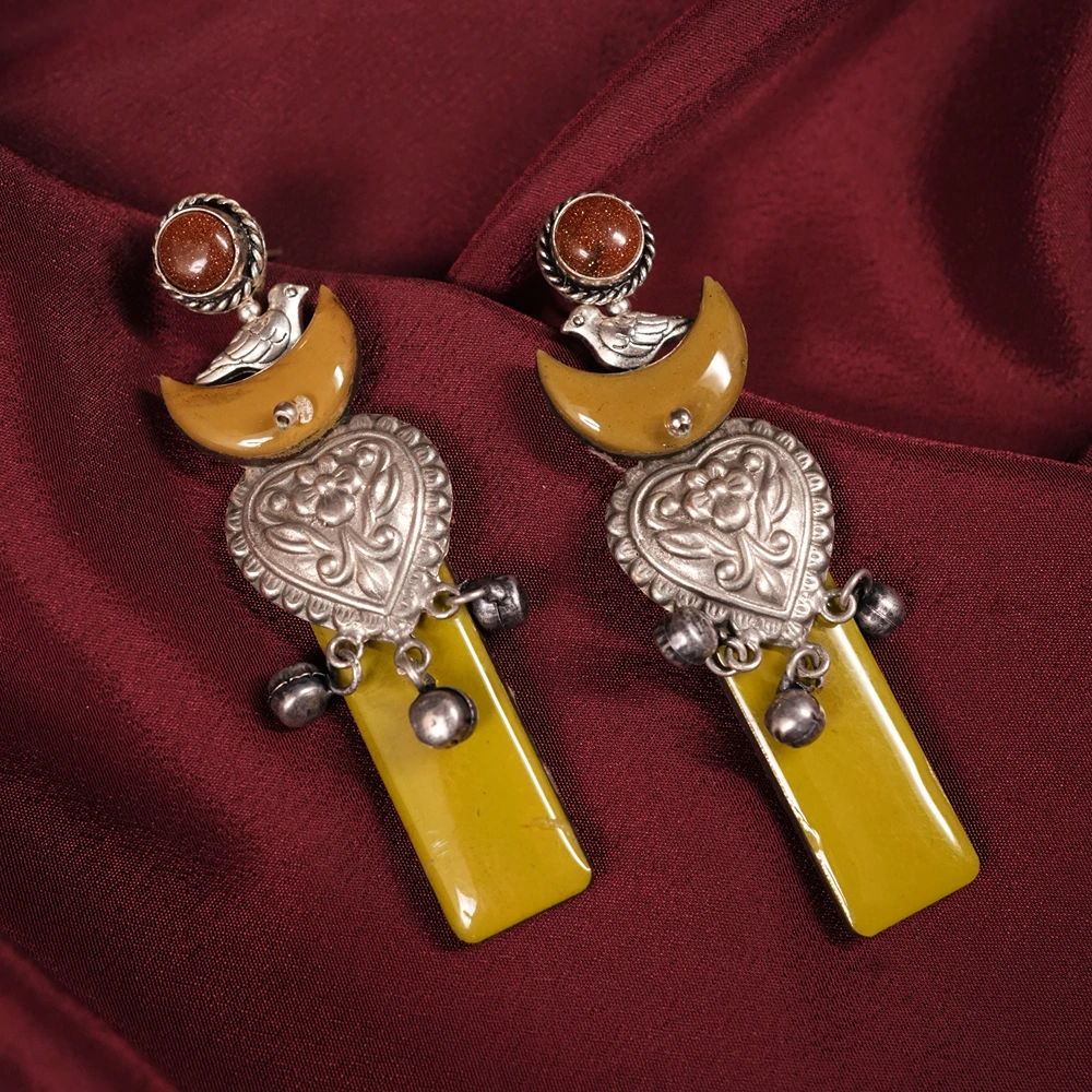 Mustard Yellow Floral Rust Statement Earrings
