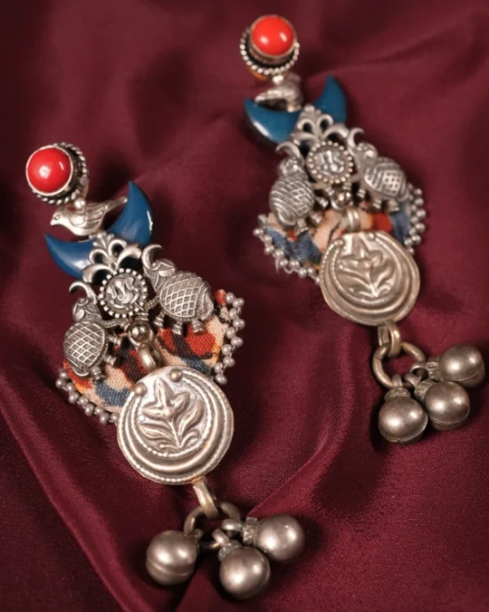 Red Purple Floral Textile Ghungroo Earrings