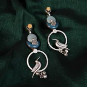 Mustard Blue Bird Hoop Statement Earrings