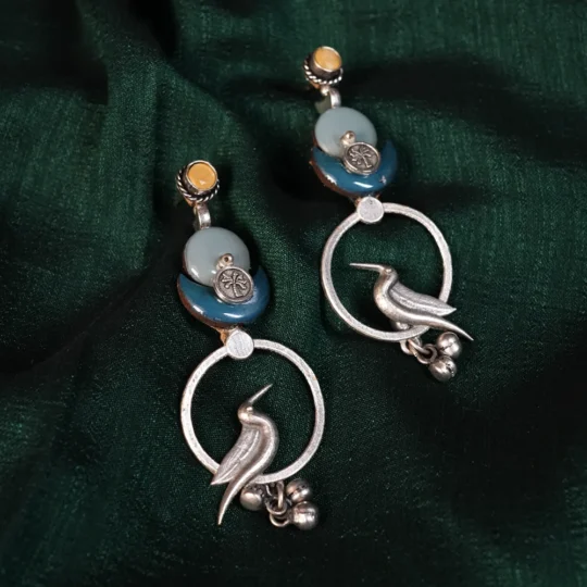 Mustard Blue Bird Hoop Statement Earrings