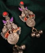 Red Purple Textile Floral Ghungroo Statement Earrings