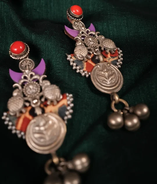 Red Purple Textile Floral Ghungroo Statement Earrings