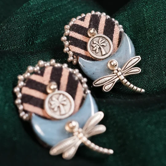 Black Blush Dragonfly Textile Earrings