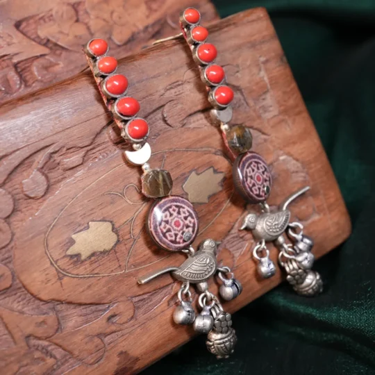 Coral Red Bird Charm Statement Earrings