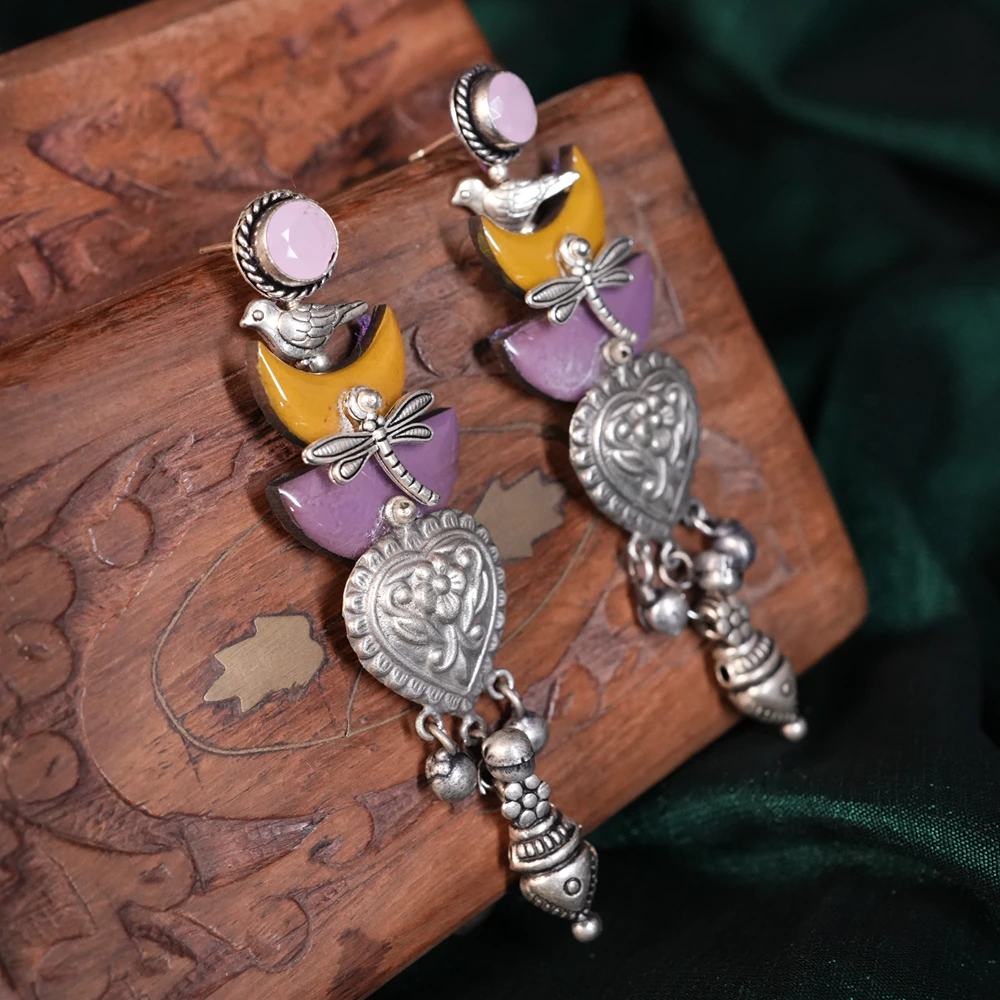 Lavender Mustard Bird Dragonfly Statement Earrings