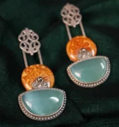 Aqua Blue Mustard Geometric Statement Earrings