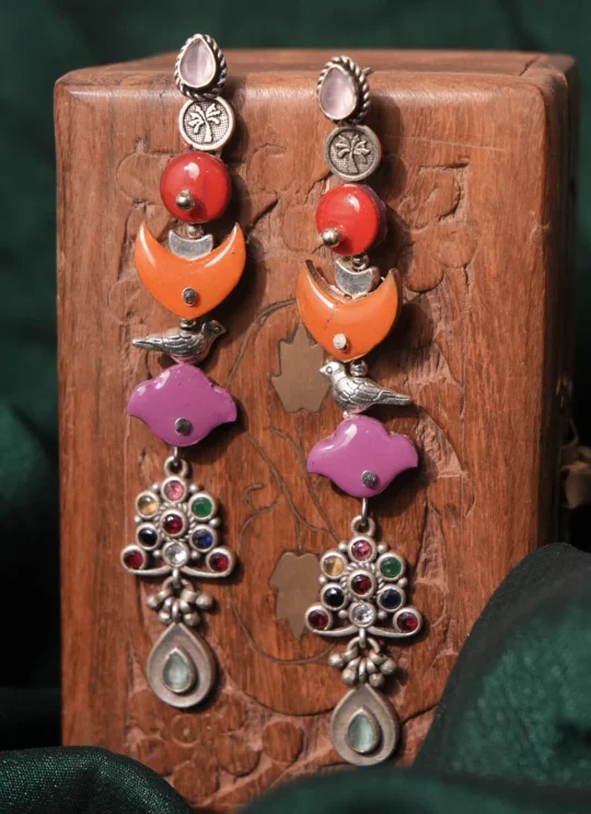 Multicolour Bird & Crescent Statement Earrings