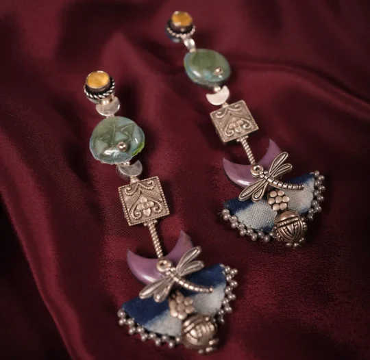 Green Yellow Dragonfly Textile Statement Earrings